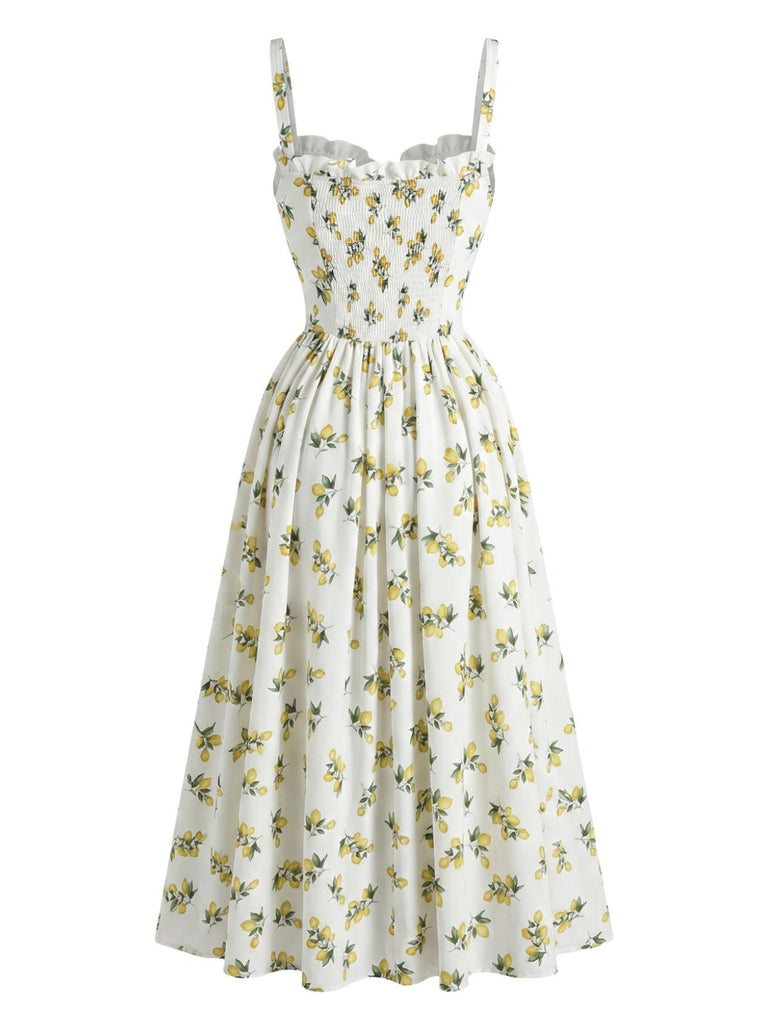 1950s Lemon Print V-Neck Side Slit High Waist Dress