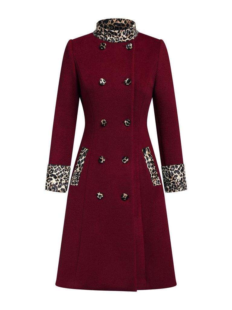 Wine Red 1950s Leopard Patchwork Button Coat, vintage coat, retro outerwear - perfect for women who love vintage and retro fashion