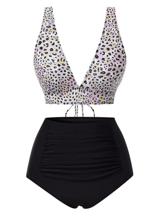1950s Leopard Print Deep V-Neck Lace-Up Bikini Set, vintage swimsuit, pin-up swimwear - perfect for women who love vintage and retro fashion