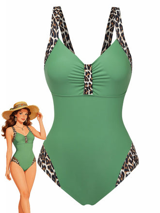 1950s Leopard V-Neck One Piece Swimsuit - vintage swimsuit, pin-up style