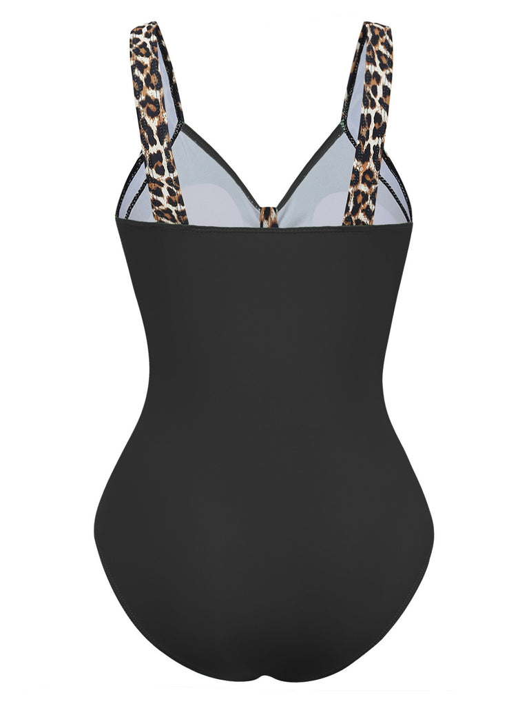 1950s Leopard V-Neck One Piece Swimsuit - vintage swimsuit, pin-up style