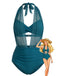 1950s Mesh Halter Plunge Ruched Bikini Set, vintage swimsuit, pin-up swimwear - perfect for women who love vintage and retro fashion