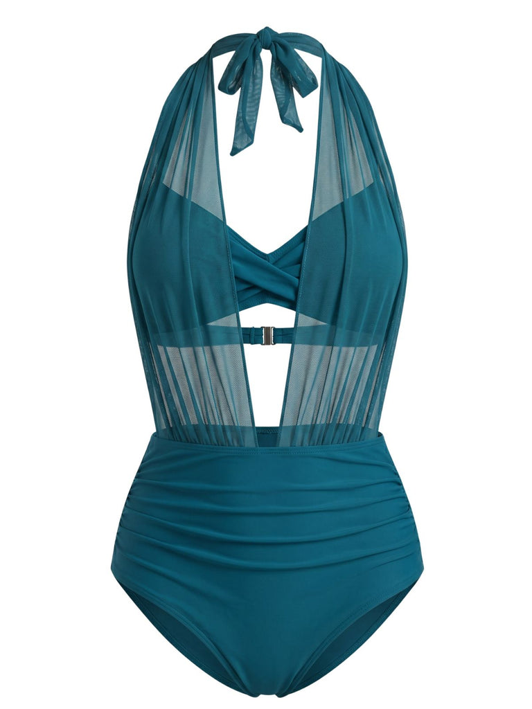 1950s Mesh Halter Plunge Ruched Bikini Set, vintage swimsuit, pin-up swimwear - perfect for women who love vintage and retro fashion