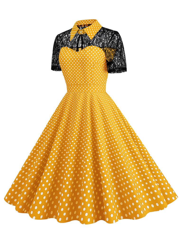 This 1950s Mesh Patchwork Polka Dot Dress wraps her in 1950s elegance, one twirl at a time