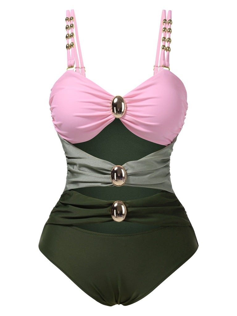 This 1950s Metal Button Hollow One-Piece Swimsuit carries 1950s vacation dreams in every stitch
