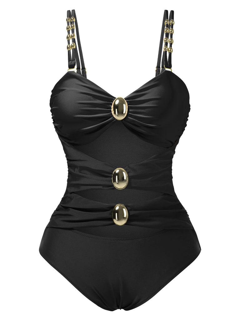 She's wearing 1950s Metal Button Hollow One-Piece Swimsuit and the whole beach remembers the 1950s