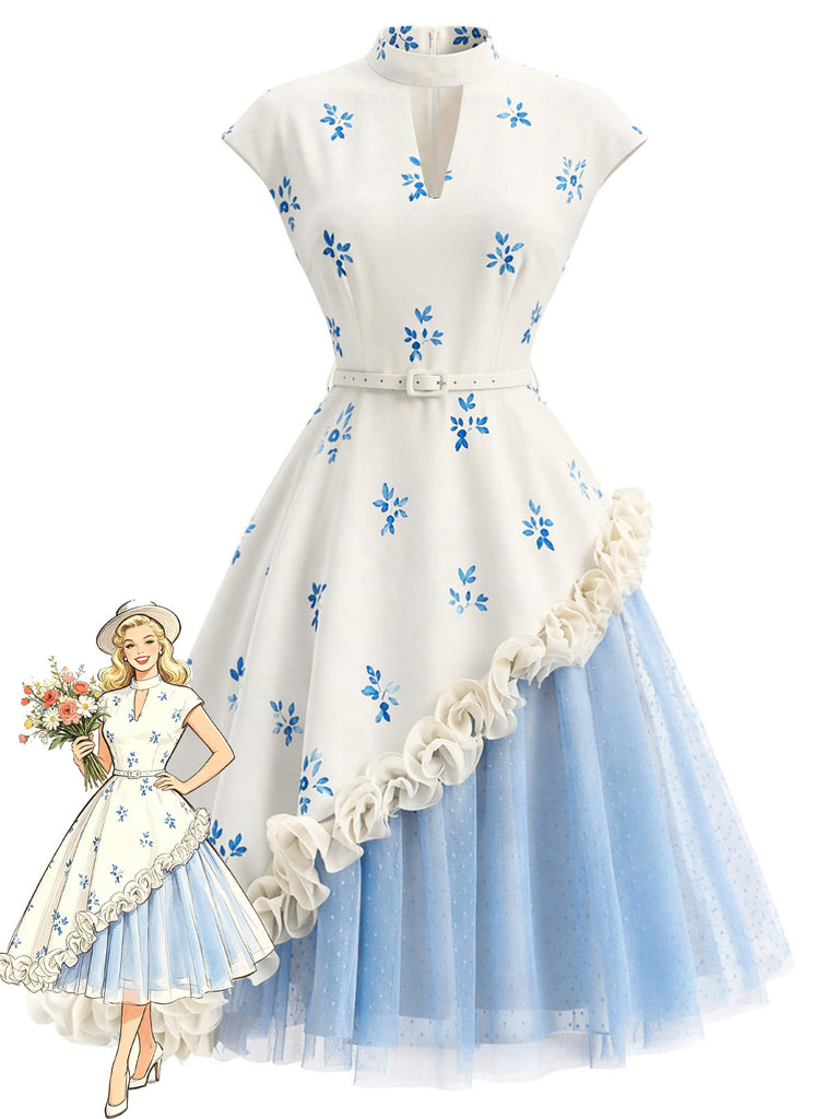 [Pre-Sale] Light Blue Grey 1950s Vintage Polka Dot Halter Dress 1