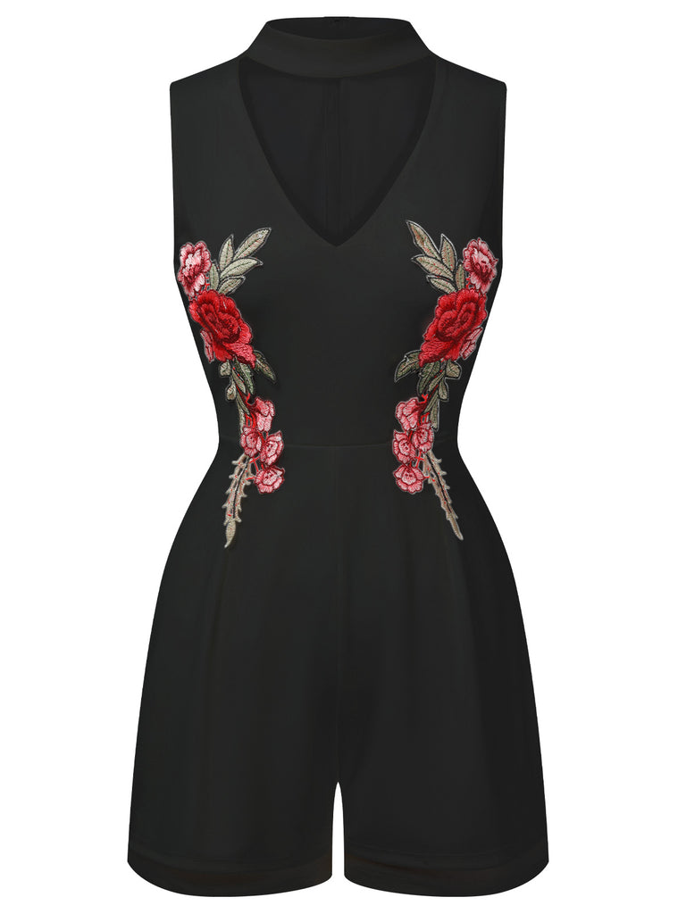 1950s Mock Neck Floral Embroidered Cutout Romper, vintage romper, retro jumpsuit - perfect for women who love vintage and retro fashion