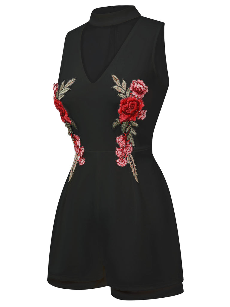 1950s Mock Neck Floral Embroidered Cutout Romper, vintage romper, retro jumpsuit - perfect for women who love vintage and retro fashion