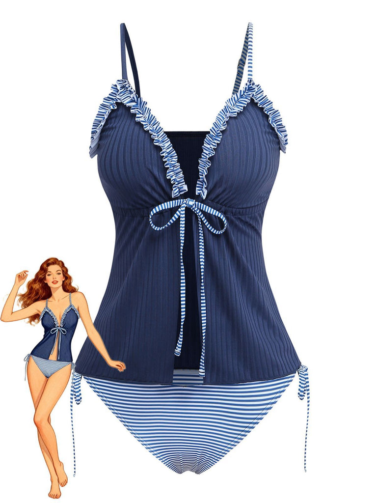Navy Blue 1950s Ruffled Striped Tie Front Tankini Set - vintage fashion, retro style