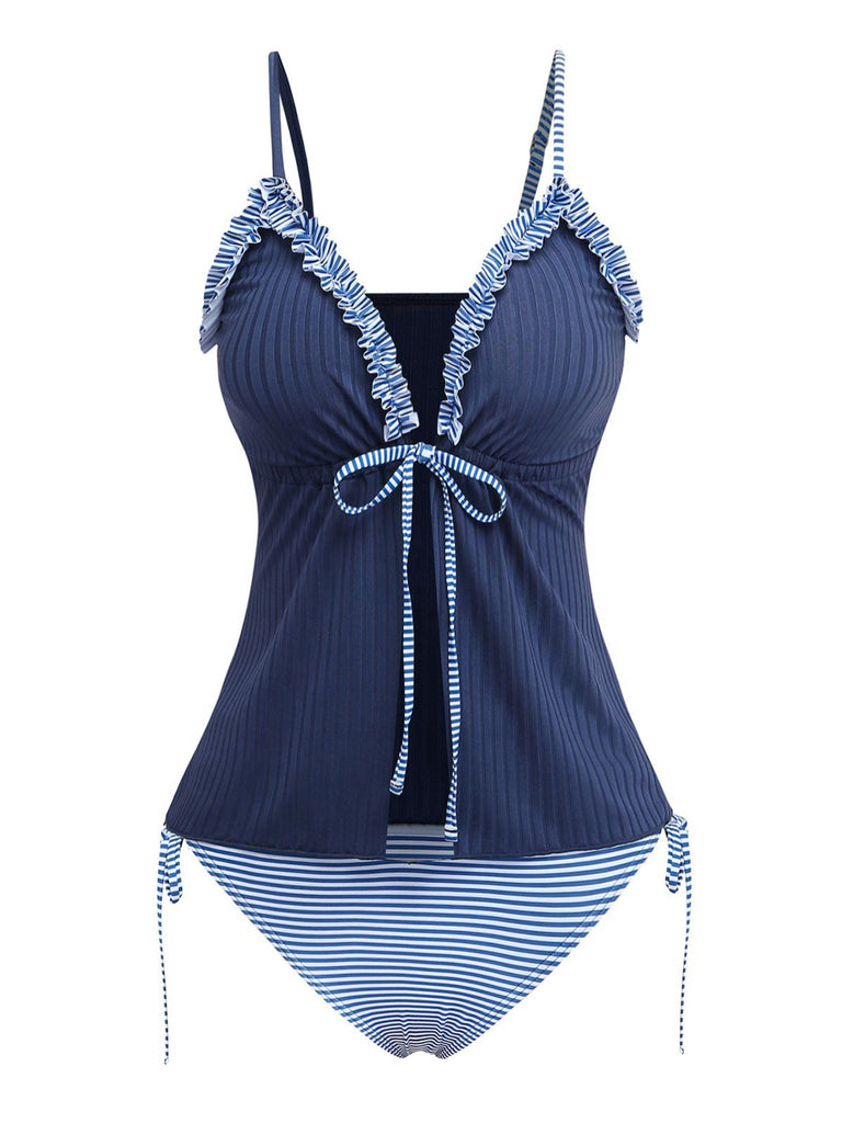 Navy Blue 1950s Ruffled Striped Tie Front Tankini Set - vintage fashion, retro style
