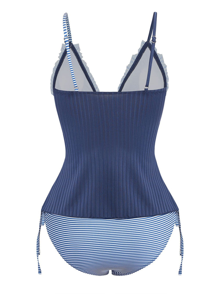 Navy Blue 1950s Ruffled Striped Tie Front Tankini Set - vintage fashion, retro style