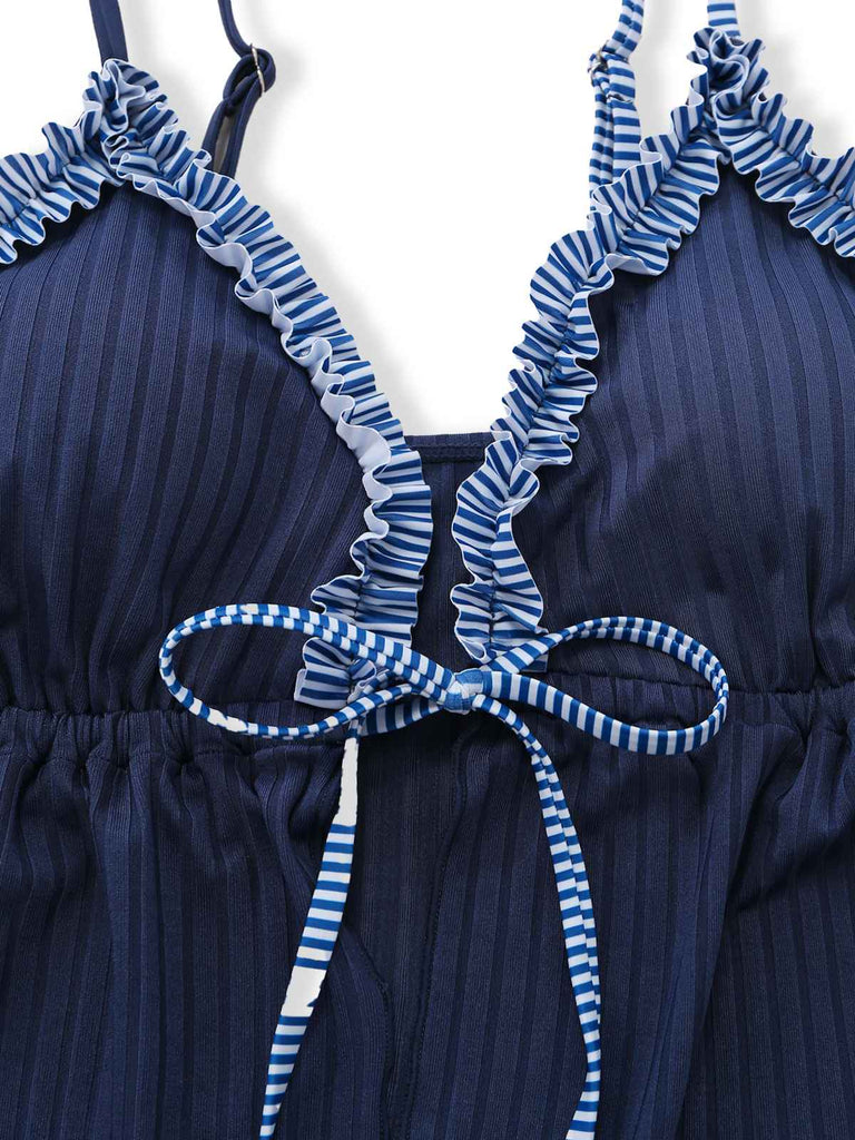 Navy Blue 1950s Ruffled Striped Tie Front Tankini Set - vintage fashion, retro style