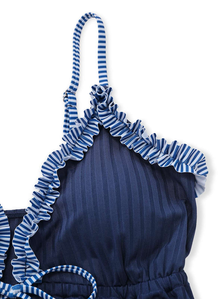 Navy Blue 1950s Ruffled Striped Tie Front Tankini Set - vintage fashion, retro style