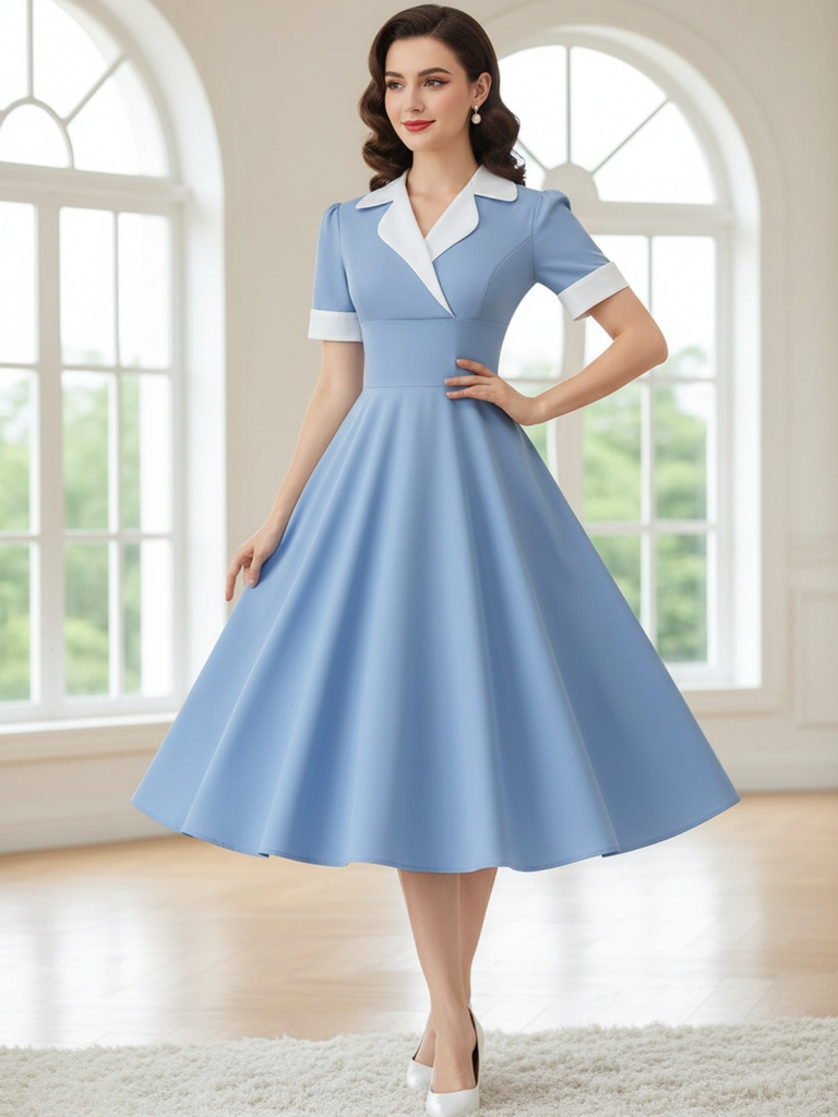 1950s Notched Collar Colorblock Swing Dress, vintage dress, retro fashion, rockabilly, pin-up fashion - perfect for women who love vintage and retro fashion