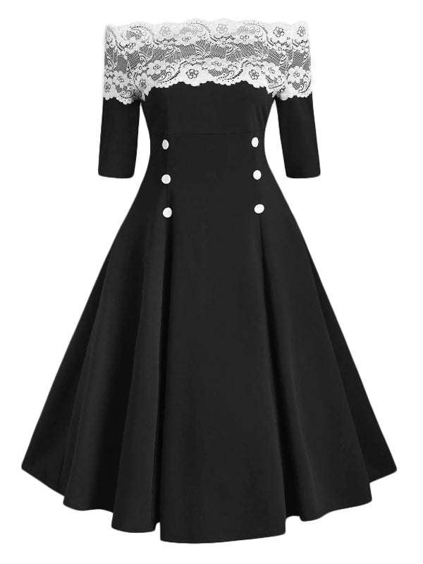 1950s Off Shoulder Button Embellished Dress, classic 1950s style elegant retro fashion - Image 9