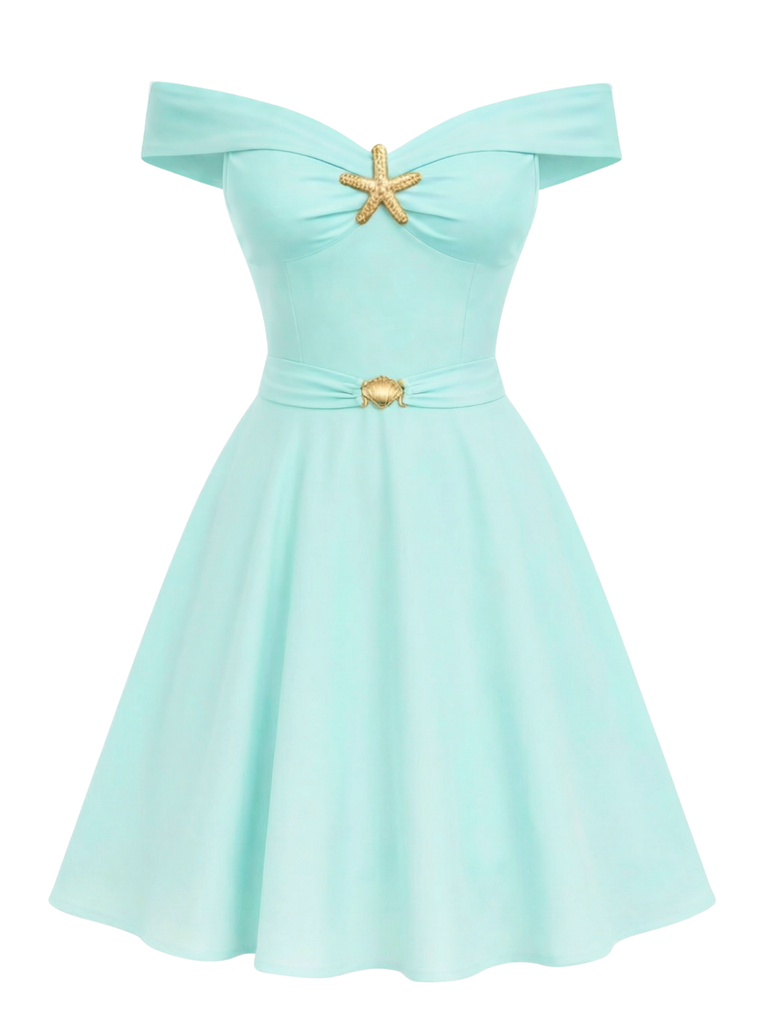 Pre-Sale] 1950s Off-Shoulder Gold Starfish Shell Swing Dress