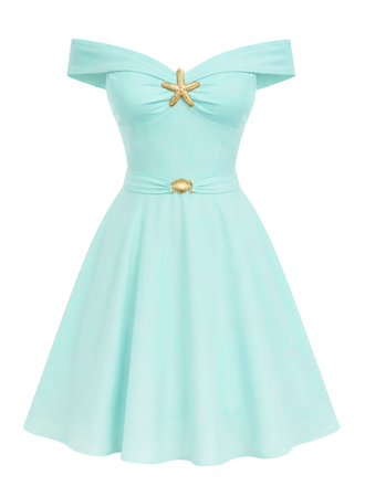 1950s-Off-Shoulder-Gold-Starfish-Shell-Swing-Dress, vintage, retro, dress