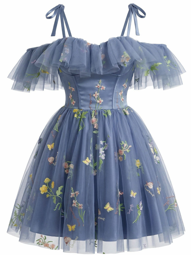1950s Off-Shoulder Floral Embroidered Mesh Dress - vintage dress, retro fashion for women