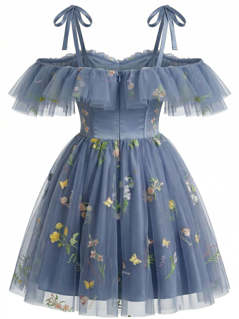 1950s Off-Shoulder Floral Embroidered Mesh Dress - vintage dress, retro fashion for women