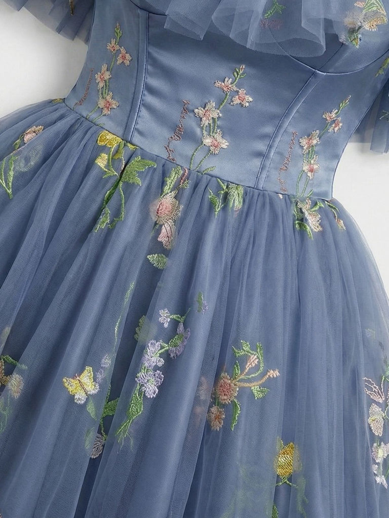 1950s Off-Shoulder Floral Embroidered Mesh Dress - vintage dress, retro fashion for women