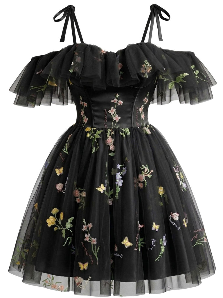 1950s Off-Shoulder Floral Embroidered Mesh Dress - vintage dress, retro fashion for women