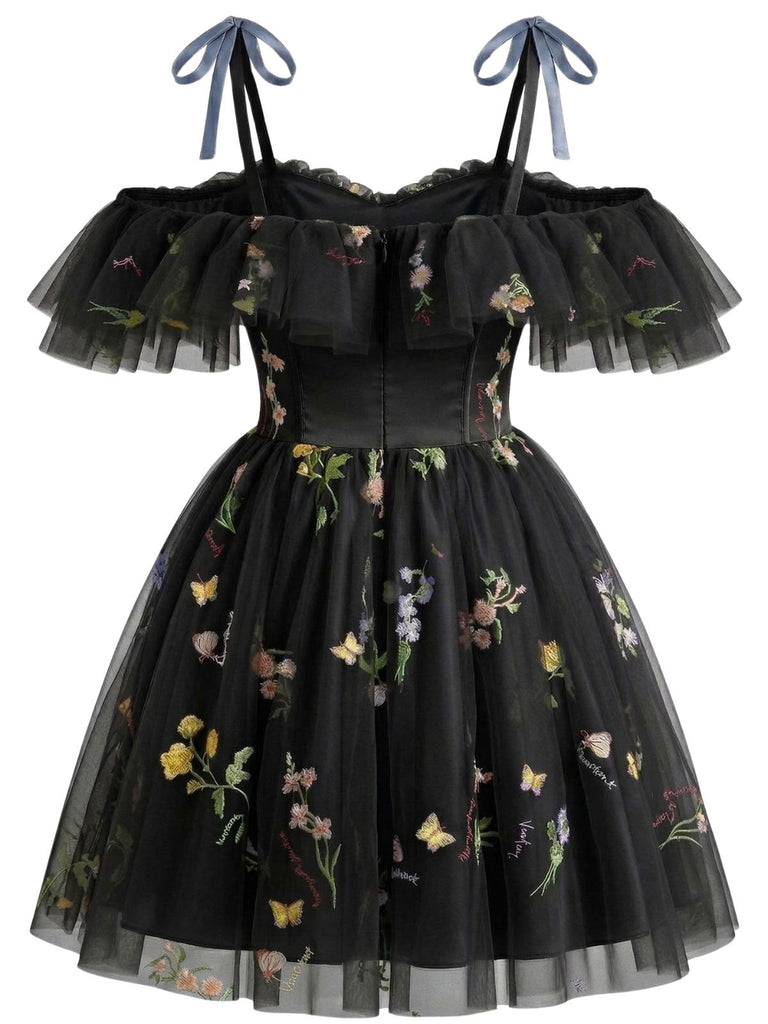 1950s Off-Shoulder Floral Embroidered Mesh Dress - vintage dress, retro fashion for women