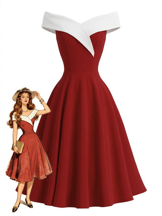 1950s Off-Shoulder Sleeveless ColorBlock Dress - vintage dress, retro fashion, rockabilly