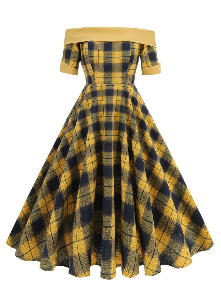 She slips into this 1950s Off-Shoulder Vintage Patchwork Plaids Dress and suddenly it's a 1950s daydream
