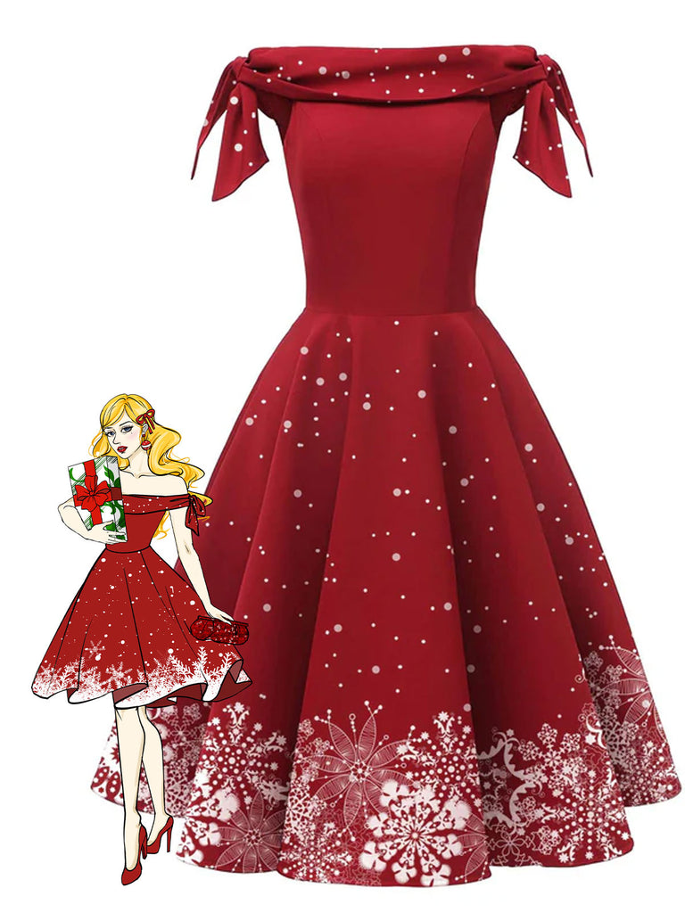 Red 1950s Off-shoulder Snowflake Dress | Retro Stage Red 1950s Off-shoulder Snowflake Dress | Retro Stage