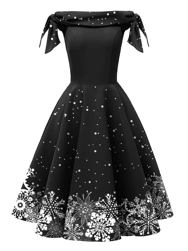 Black 1950s Christmas Snowflake Off-Shoulder Dress Black 1950s Christmas Snowflake Off-Shoulder Dress
