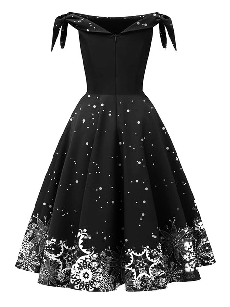 black and white christmas dress 1950s Snowflake Off-Shoulder DressStyle: cocktail Choosing Pastel Colors for 5% Spandex Stretch Select Pant Size:34W