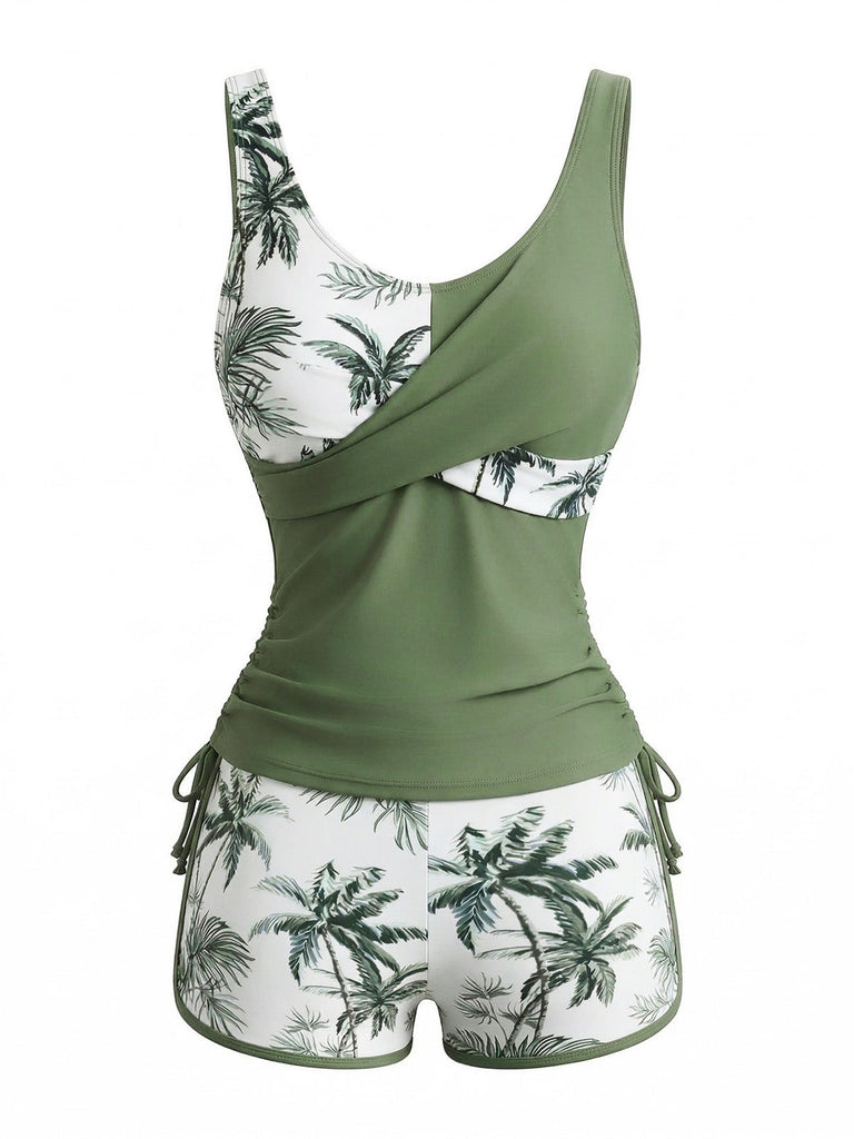 1950s Palm Tree Criss Cross Colorblock Tankini Set - vintage fashion, retro style
