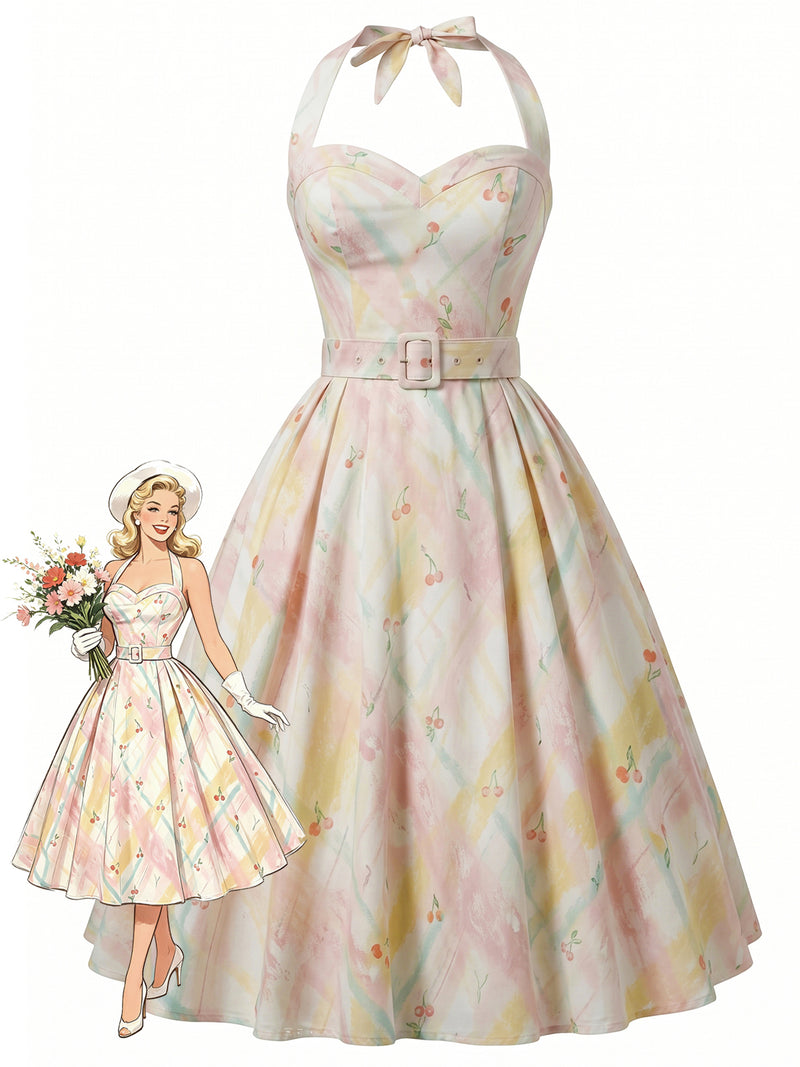 Pre-Sale] 1950s Pastel Cherry Print Halter Belted Swing Dress