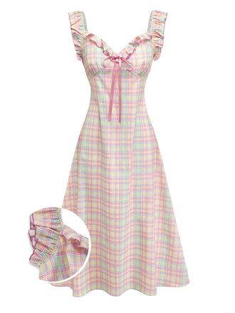 1950s Pastel Plaid Ruffled Bow Sweetheart Neck Swing Dress, vintage dress, retro fashion, rockabilly, pin-up fashion, women, elegant