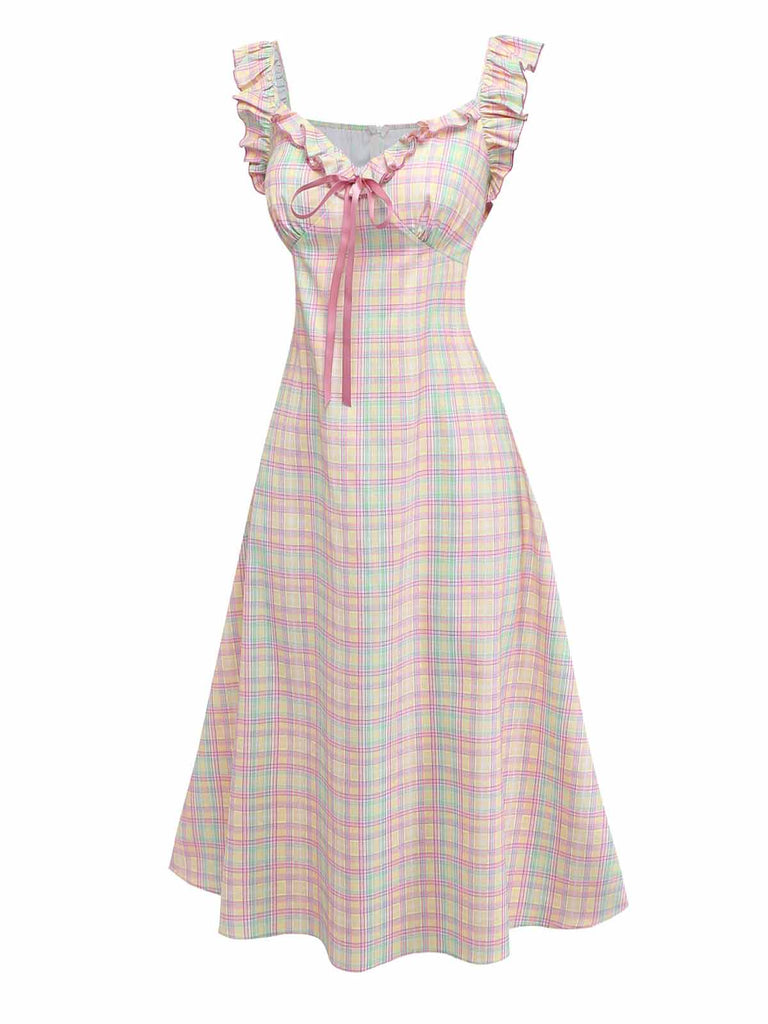 1950s Pastel Plaid Ruffled Bow Sweetheart Neck Swing Dress, vintage dress, retro fashion, rockabilly, pin-up fashion, women, elegant