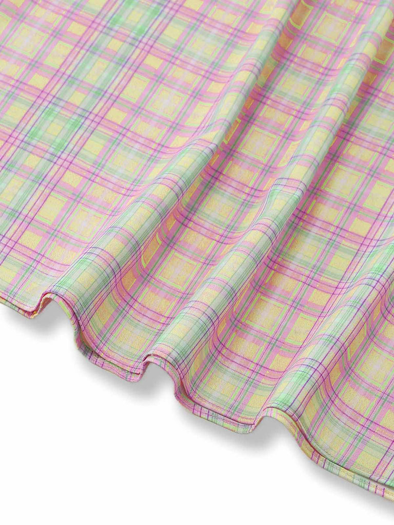 1950s Pastel Plaid Ruffled Bow Sweetheart Neck Swing Dress, vintage dress, retro fashion, rockabilly, pin-up fashion, women, elegant
