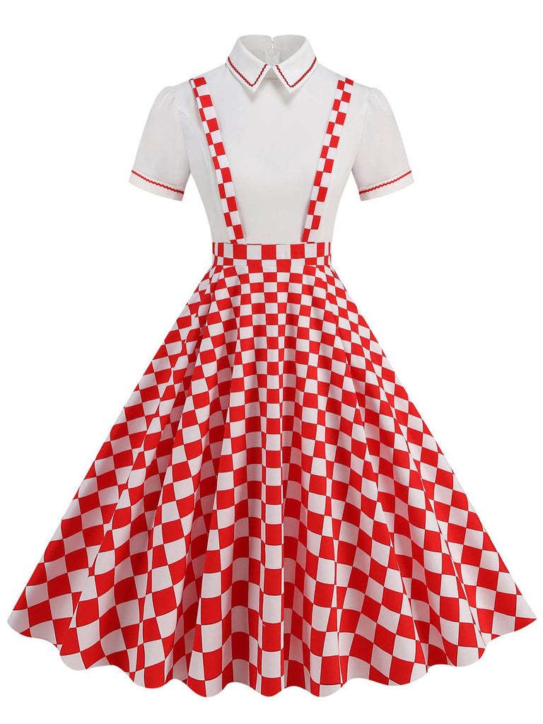 She slips into this 1950s Patchwork Lapel Collar Suspender Dress and suddenly it's a 1950s daydream