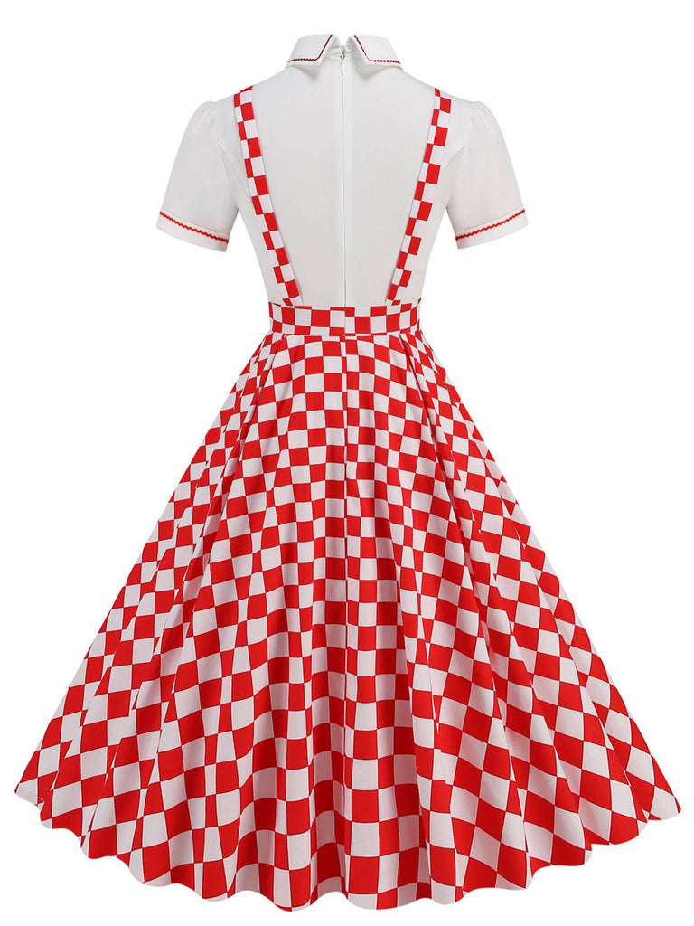 This 1950s Patchwork Lapel Collar Suspender Dress wraps her in 1950s elegance, one twirl at a time