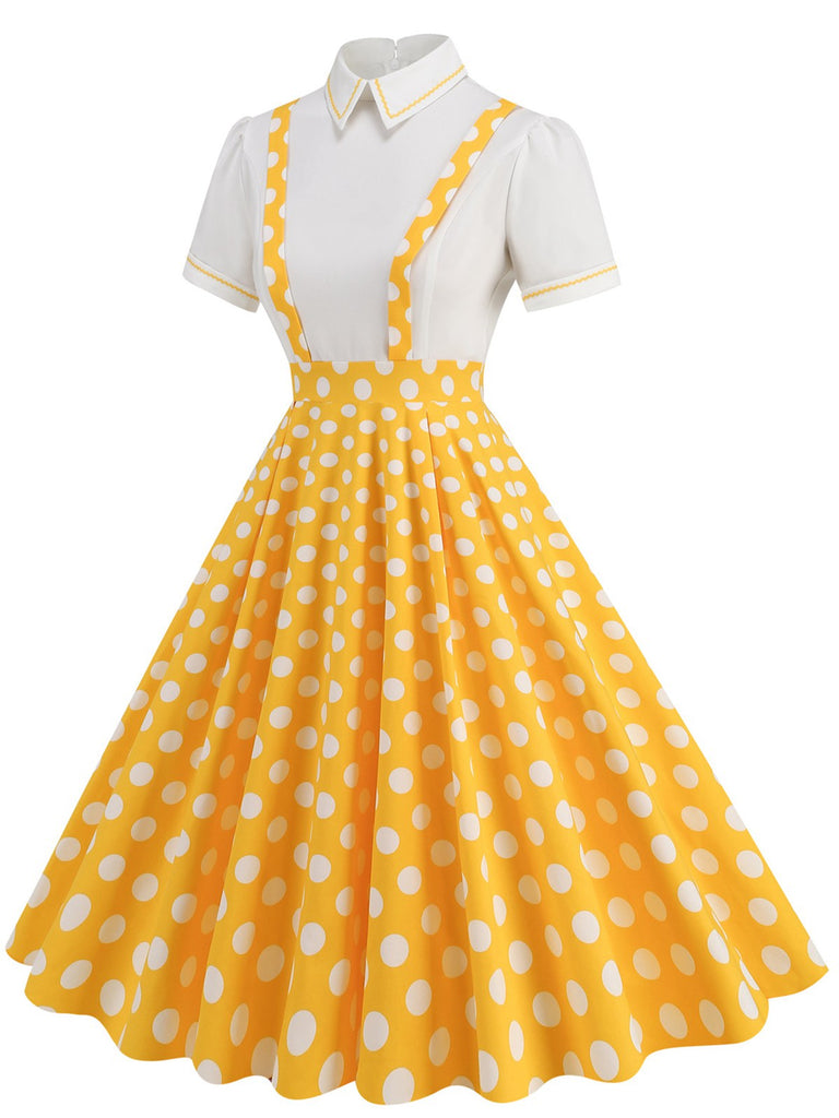 She slips into this 1950s Patchwork Lapel Collar Suspender Dress and suddenly it's a 1950s daydream