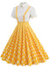 She slips into this 1950s Patchwork Lapel Collar Suspender Dress and suddenly it's a 1950s daydream