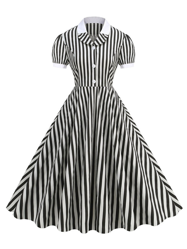 She slips into this 1950s Peter Pan Collar Black & White Stripes Dress and suddenly it's a 1950s daydream