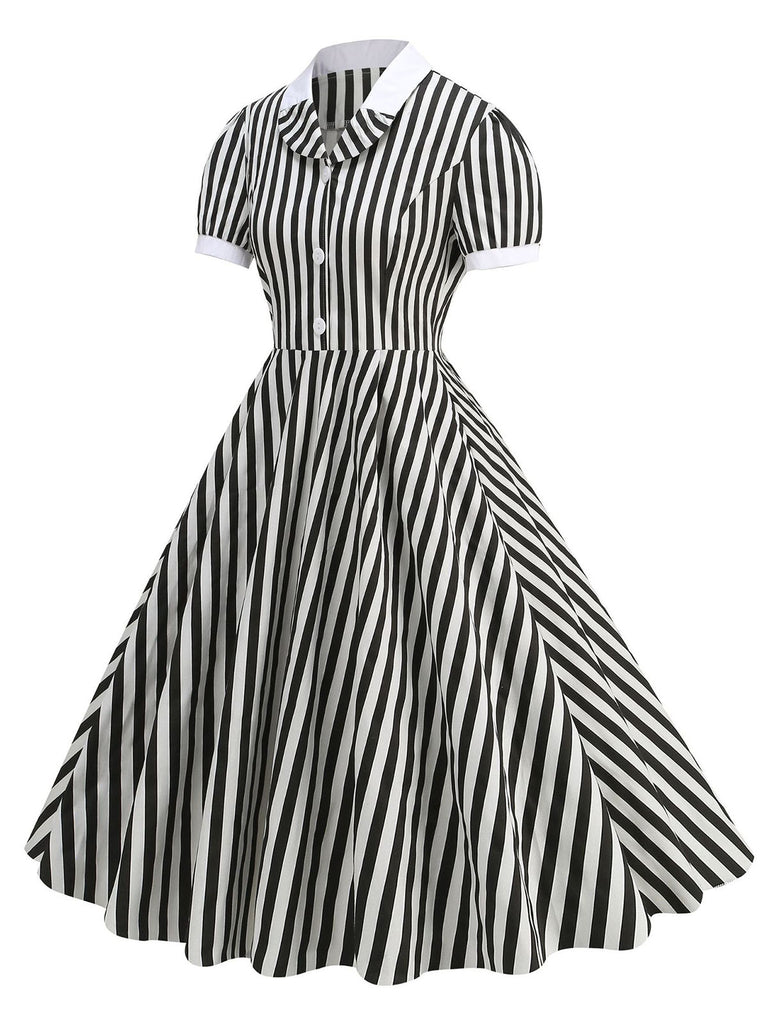 black and white peter pan collar dress 1950s Peter Pan Collar Black & White Stripes Dress