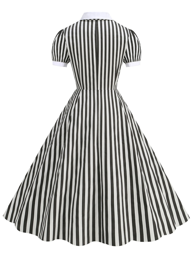 This 1950s Peter Pan Collar Black & White Stripes Dress wraps her in 1950s elegance, one twirl at a time