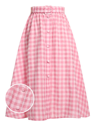 1950s Pink Plaid Button Skirt With Belt, vintage skirt, retro style - perfect for women who love vintage and retro fashion