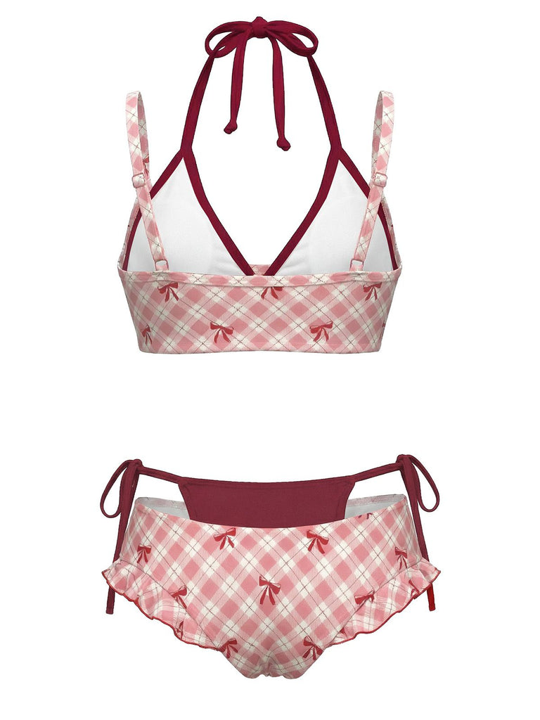 1950s Plaid Bow Halter Double Layer Bikini Set - vintage fashion, retro style
