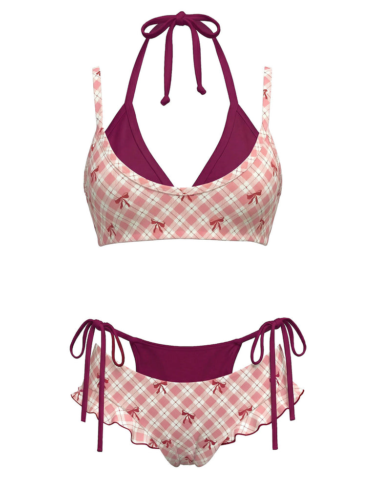1950s Plaid Bow Halter Double Layer Bikini Set - vintage fashion, retro style