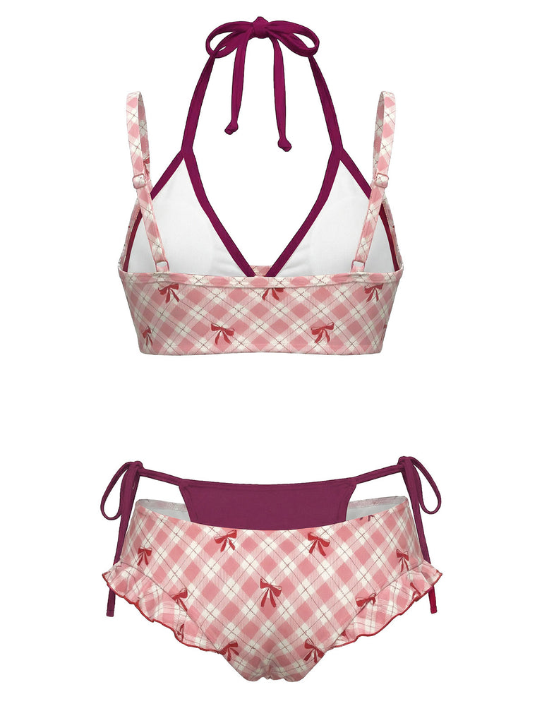 1950s Plaid Bow Halter Double Layer Bikini Set - vintage fashion, retro style