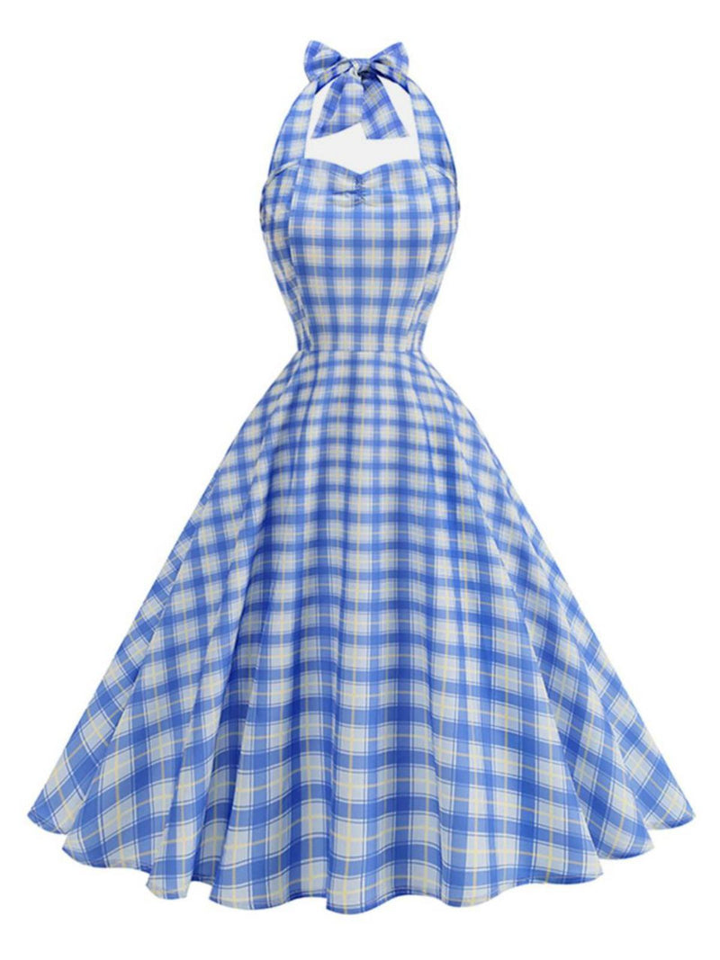 1950s Plaid Halter Sweetheart Neck Dress