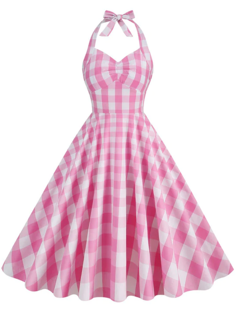 ZAPAKA Women Vintage Dress Pink Stripes Halter Swing 1950s Dress, Pink / L ZAPAKA Women Vintage Dress Pink Stripes Halter Swing 1950s Dress, Pink / L